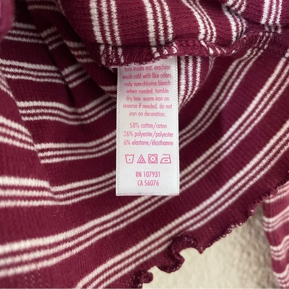 Justice Thermal Top Girls 7 Striped Maroon White Lettuce Edge Long Sleeve Shirt